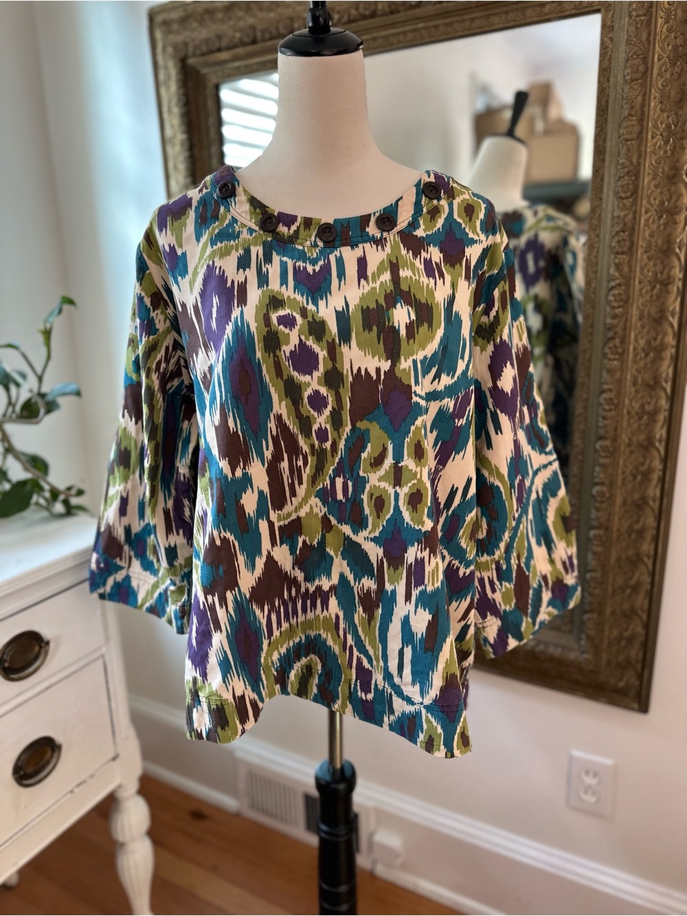 Hot Cotton top boxy colorful artsy pullover casual wide 3/4 sleeves 100% cotton